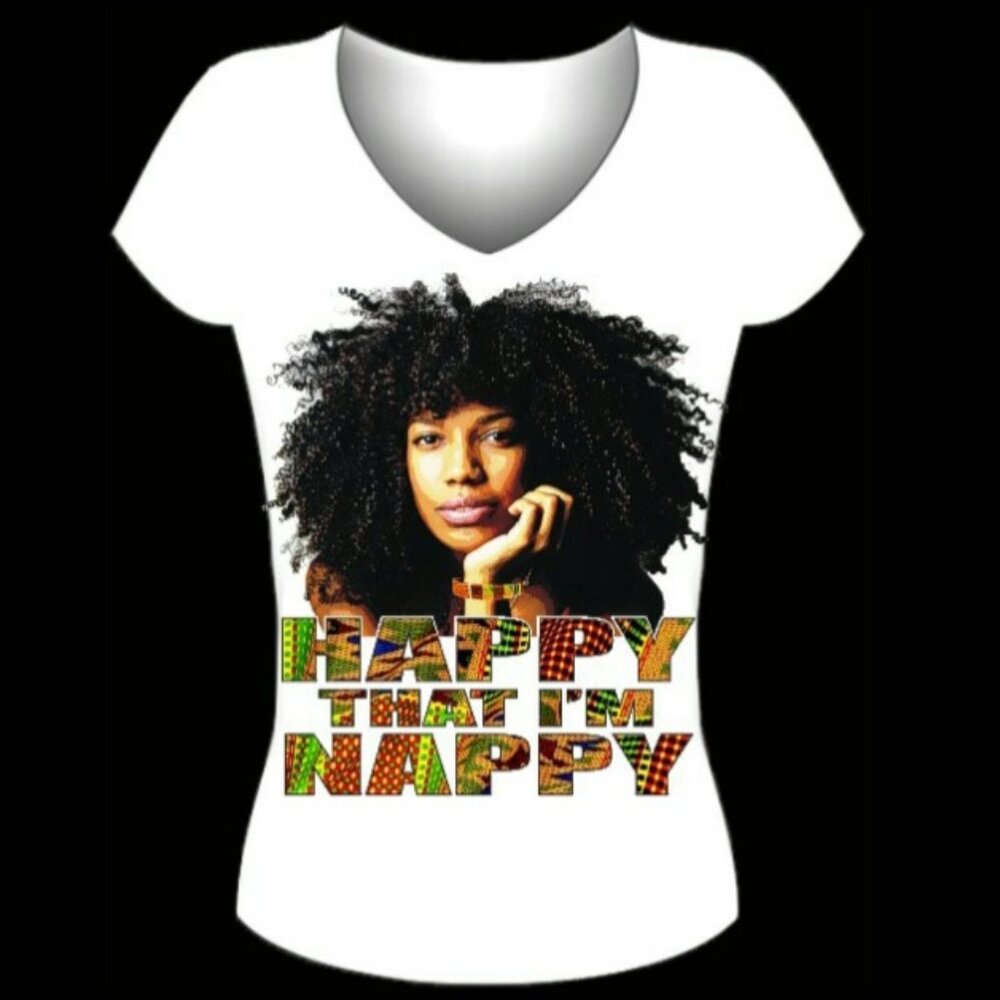 Happy that I'm Nappy Fitted White V-Neck Tshirt